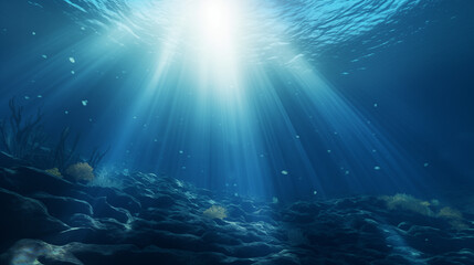 underwater scene with rays of light,Beautiful, natural, grand, magnificent, oceanic, marine, deep-sea, luminous.