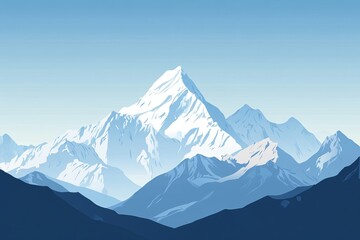 Majestic snow-capped mountain range under a clear blue sky, scenic landscape illustration for travel posters