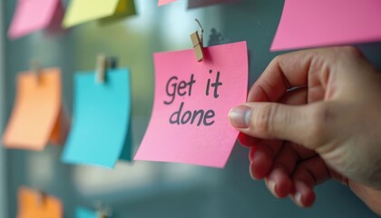 Close-up hand holding pink sticky note with text Get It Done over glass whiteboard. Time management, quality service or reminder concept. Business task planning, office motivation.