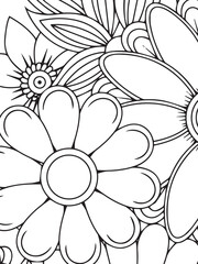 Easy flower coloring book page for adults. black and white floral background