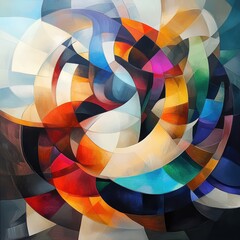 Fototapeta premium Abstract Colorful Geometric Composition with Dynamic Curves and Vivid Shapes in Circular Arrangement