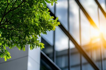 The concept of saving energy is represented by an eco-friendly office building with green windows and a tree
