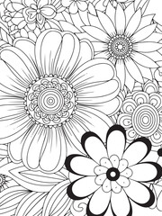 Easy flower coloring book page for adults. black and white floral background