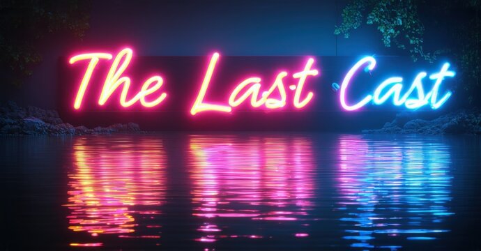 Neon sign the last cast featuring a glowing fishing line extending into vibrant waters, capturing the final cast in a colorful, dynamic scene, set against a dark background - Powered by Adobe