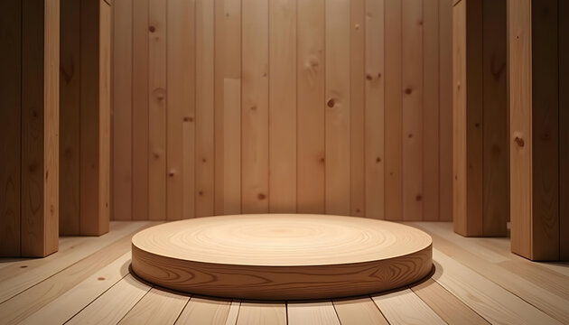 empty wooden round podium on wooden background