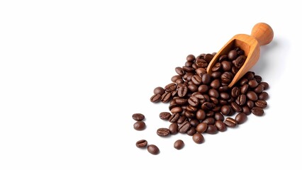 Fototapeta premium Coffee beans with a wooden spatula on a white background