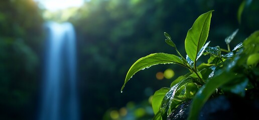 Lush greenery and a cascading waterfall creates a serene oasis