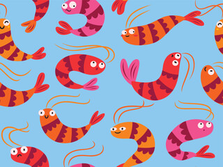 Seamless pattern with cartoon shrimps on blue