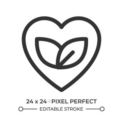 Fresh leaves in heart line ui icon. Gentle care of nature. Environment care with love and tenderness. Isolated vector outline symbol. Webdesign user interface element linear, pixel perfect