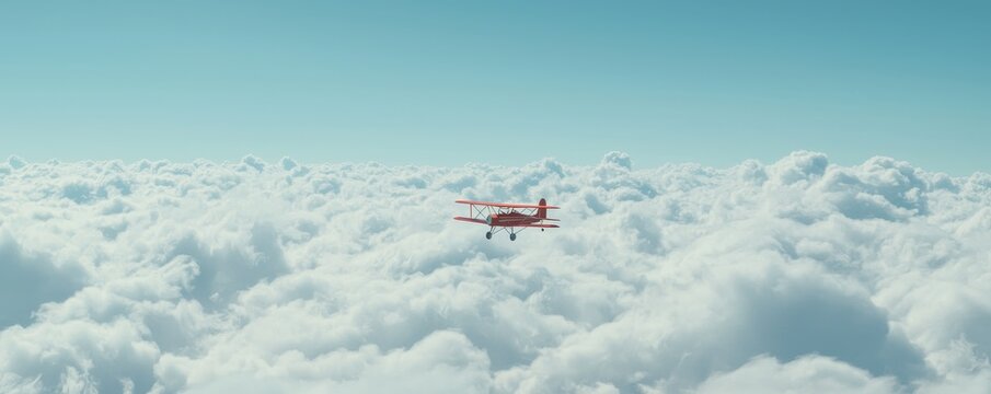 A red airplane from a bygone era is flying through the sky with a white banner that has no writing on it