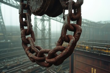 Naklejka premium Heavy rusted industrial chains hang ominously, evoking strength and history within a foggy industrial setting.