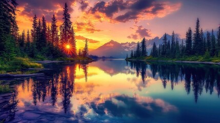 Fototapeta premium Majestic Sunset over Serene Mountain Lake