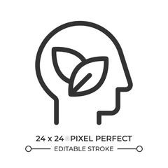 Think green line ui icon. Human head with leaves within. Environmentally friendly philosophy. Mindfulness. Isolated vector outline symbol. Webdesign user interface element linear, pixel perfect