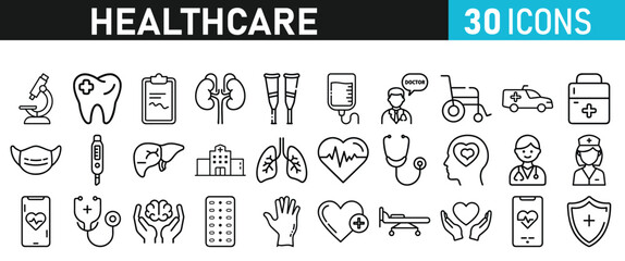 Healthcare set icons for web. Medicine and Health Care linear icon collection. Containing, Stethoscop, emergency, doctor, treatment, medical, report, diagnosis, health, prevention, patient