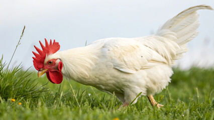 White leghorn chicken foraging in green grass on farm