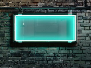 Obraz premium Neon sign on brick wall at night for store advertisement, window reflection, light fixture