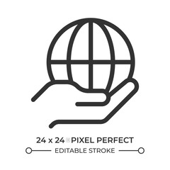 Hand holding earth planet line ui icon. Taking care of global ecology. Environment protection program. Isolated vector outline symbol. Webdesign user interface element linear, pixel perfect