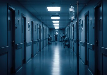 Hospital Hallway with Iv Drip Stand Emphasizing Healthcare and Medical Atmosphere
