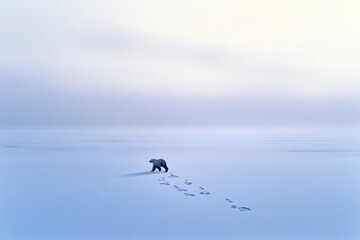 A lone polar bear crosses a vast expanse of snow, leaving tracks behind under a serene, pale sky, evoking solitude and wilderness.