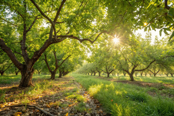 Naklejka premium Lush grove sunlight filters through serene trees in tranquil orchard