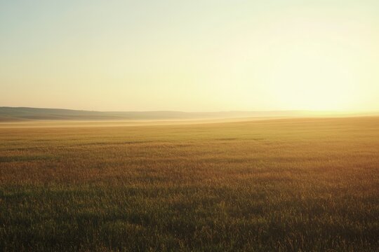 Sunrise over hazy golden field, misty hills