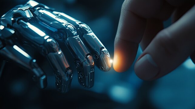 The human finger delicately touches the finger of a robot's metallic technological finger. Concept of harmonious coexistence of humans and AI technology