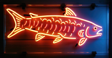 Neon sign depicting a glowing fish with vibrant orange and red lights, detailed scales, and fins, mounted on a wooden background, creating a striking and artistic illuminated display
