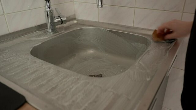 Cleaning kitchen sink of stainless steel with foamed detergent product and brawn sponge. Scrubbing the dirt.