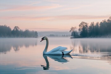 Fototapeta premium Elegant Swan Gliding Peacefully on Misty Lake Beneath Soft Pastel Skies