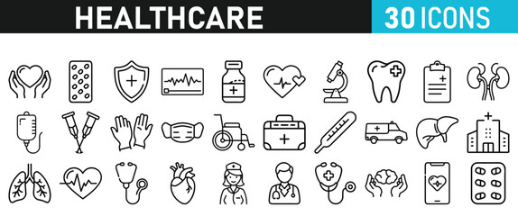 Healthcare set icons for web. Medicine and Health Care linear icon collection. Containing, Stethoscop, emergency, doctor, treatment, medical, report, diagnosis, health, prevention, patient