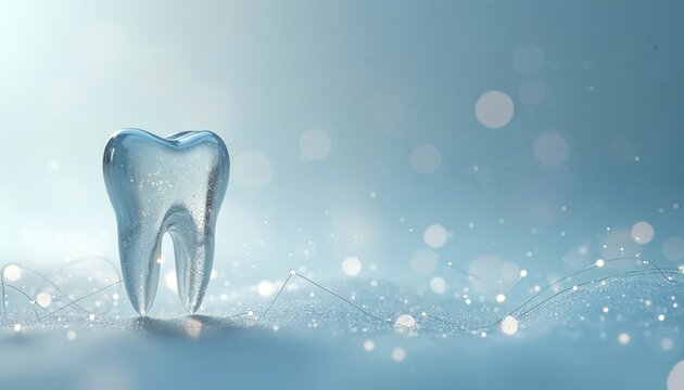 Template background of healthy teeth and oral hygiene. Glass tooth on blue bokeh background. Dentistry, dentist treatment and healthcare concept. Shiny medical backdrop.