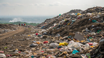 landfill site filled with waste and pollution, showcasing environmental issues