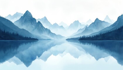 Fototapeta premium Watercolor landscape of blue mountains reflecting on calm lake. Forest hills create peaceful, serene nature scene. Minimal style tranquil water abstract illustration.