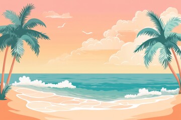 Tropical beach sunset landscape, ocean waves, palm trees, idyllic scene, vacation poster