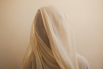 A figure shrouded in flowing, translucent fabric, offering a sense of mystery and elegance against a plain background.