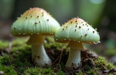 Fototapeta premium Close-up of deadly poisonous mushrooms Amanita phalloides known as death cap on moss. Dangerous fungal plant growing in nature, toxic autumn forest. Biology concept.