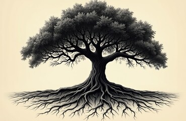 Illustration of tree with roots, genealogy concept. Ancient family tree with leaves, branches. Black and white drawing of ancestry, genealogy tree represents roots, heritage.