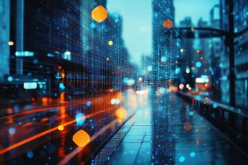 Fototapeta premium A dynamic digital matrix transforms a rainy city street scene, merging technology and reality with vibrant blue and orange accents.