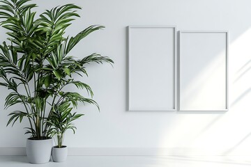 White room, plants, frames, sunlight, mockup