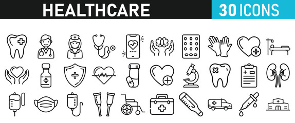 Healthcare set icons for web. Medicine and Health Care linear icon collection. Containing, Stethoscop, emergency, doctor, treatment, medical, report, diagnosis, health, prevention, patient