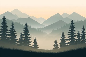 Misty mountain sunrise, forest foreground, calm nature scene, travel brochure