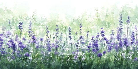 Naklejka premium Delicate Lavender Field, Watercolor Painting, Pastel Green Background, Fine Art, Flowers, Floral