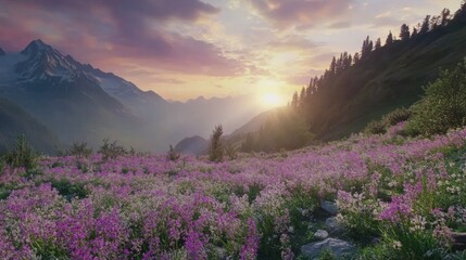 Majestic Mountain Sunset Over a Colorful Wildflower Meadow