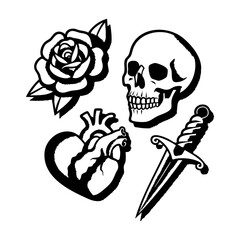 Traditional Tattoo Flash Set &ndash; Skull, Rose, Heart & Dagger Vector Collection