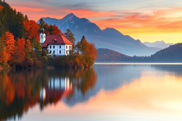 Fototapeta premium The Hintersee lake boasts a breathtaking autumn sunrise, reminiscent of a classic postcard scene