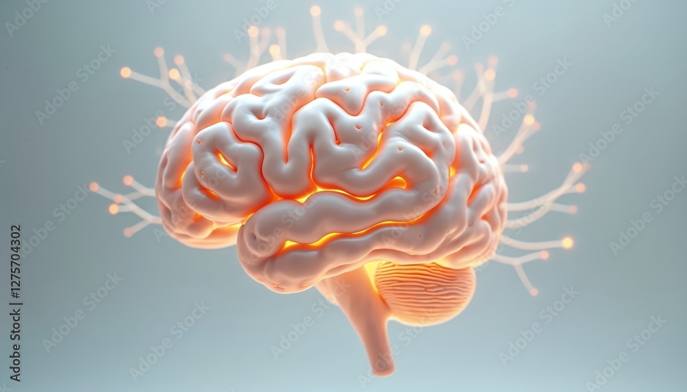 Fototapete Detailed digital brain with neural pathways illuminated by soft light floating on clean backdrop. Artificial intelligence, neuralink tech concept for medical and science themes.