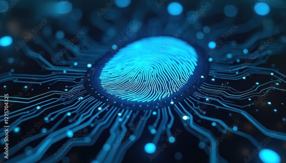Poster Digital fingerprint scanner for biometric identity, data protection. Security concept shows authentication technology, secure access, futuristic design with blue glowing light on circuit board.