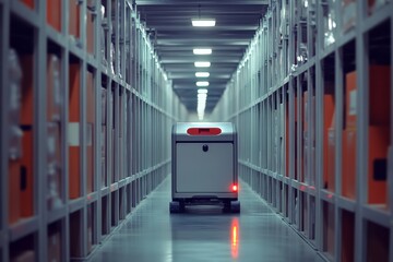 A smart robot diligently navigates a narrow warehouse aisle, reflecting the growing trend toward automation and efficiency in storage.