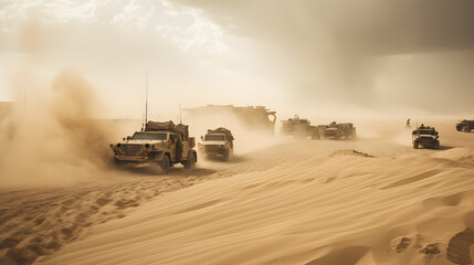 Fototapeta premium Off-road vehicles navigating a sandy terrain, rugged landscape with kicking up dust, adventure and exploration theme, dynamic action.