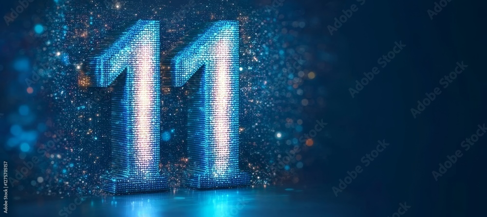 Poster glowing digital 3d number 11 in futuristic style on abstract background with copy space